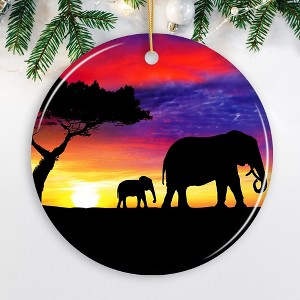 Elephant Silhouette Ornament, Exotic Nature Sunset of Africa Christmas Decoration - 1 of 3