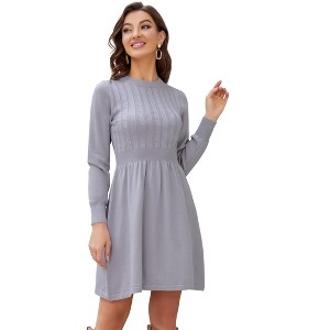 Women Long Sleeve Knitted Crewneck High Waist A-Line Cute Mini Sweater Dress - 1 of 4
