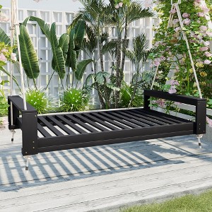 Twin Size Porch Swing Bed Daybed with Acacia Wood Frame and Hemp Ropes, 400lbs Capacity, for Garden and Backyard - ModernLuxe - 1 of 4