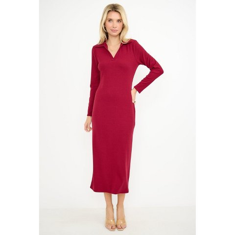 Женские платья West K Elena Ribbed Long Sleeve Collared Midi Dress - Small - Wine