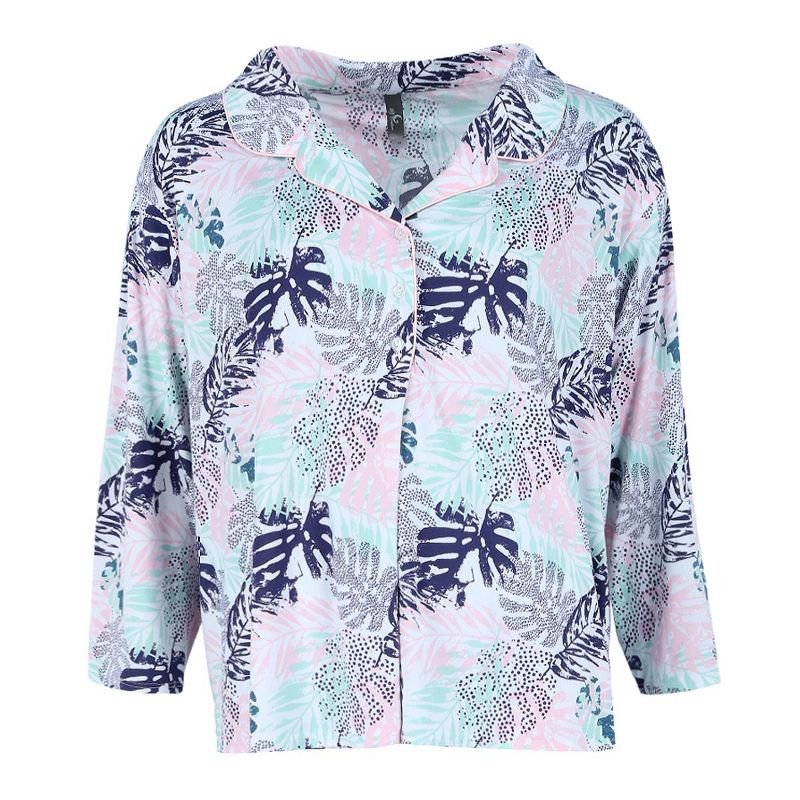 PJ Couture Women's Plus Size Tropic Palms Notch Collar Short Set, 2 of 4