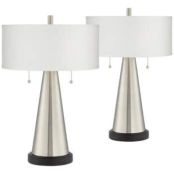 Franklin Iron Works Rustic Farmhouse Accent Table Lamps 23" High Set of 2 with USB Port Brushed Nickel White Drum Shade for Bedroom Living Room Desk