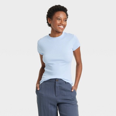 Women's Short Sleeve Ribbed T-Shirt - A New Day™ Light Blue L