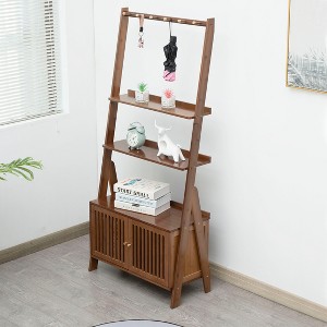 Ladder Bookcase, Bamboo Shelf, Display Shelf with Cabinet, Floor Standing Storage Shelf with 6 Hooks - 1 of 4
