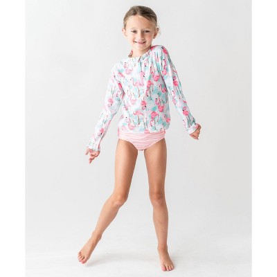 Vibrant Flamingo Long Sleeve Rash Guard Bikini Set, Size 5