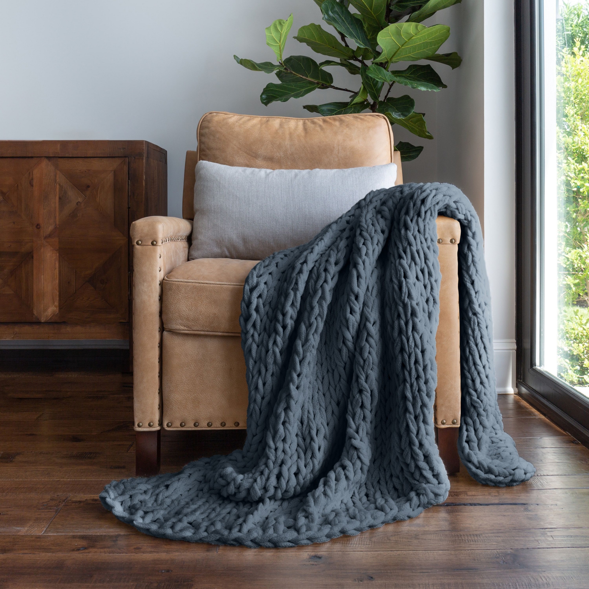 Chunky Knit Throw Blanket Braided, Soft & Cozy - Becky Cameron, Stone, Throw
