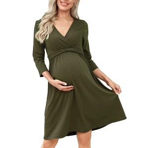 Women's Maternity Dress 3/4 Sleeve V Neck Nursing Dresses Casual A Line Ruffle Party Midi Dress - 1 of 4
