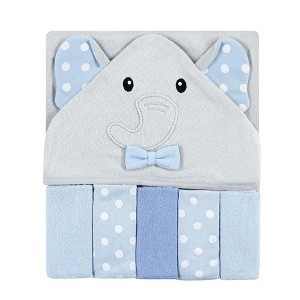 Hudson Baby Infant Boy Hooded Towel and Five Washcloths, White Dots Gray Elephant, One Size - 1 of 2