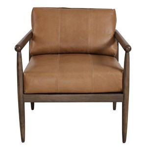 HomeRoots 28" Brown Genuine Leather and Solid Wood Arm Chair - 1 of 4