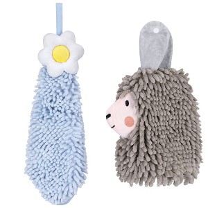 REGALWOVEN Soft Absorbent Flower Pattern and Sheep Pattern Chenille Hand Towel with Loop 6" x 15"/7" x 11" 2 Pcs - 1 of 4