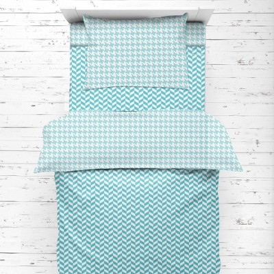 Bacati - Houndstooth/Herringbone Aqua Unisex Muslin 4 pc Toddler Bedding Set