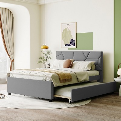 KTMBDW Full/Queen Size Upholstered Platform Bed with Brick Pattern Headboard and Twin Size Trundle, Linen Fabric, No Box Spring Needed