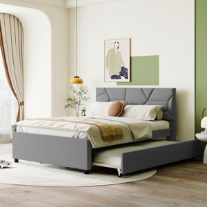 KTMBDW Full/Queen Size Upholstered Platform Bed with Brick Pattern Headboard and Twin Size Trundle, Linen Fabric, No Box Spring Needed - 1 of 4
