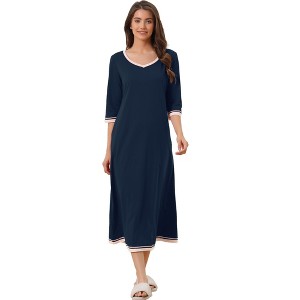 cheibear Women's 3/4 Sleeve V Neck Full Length Sleep Nightdress with Pockets - 1 of 4