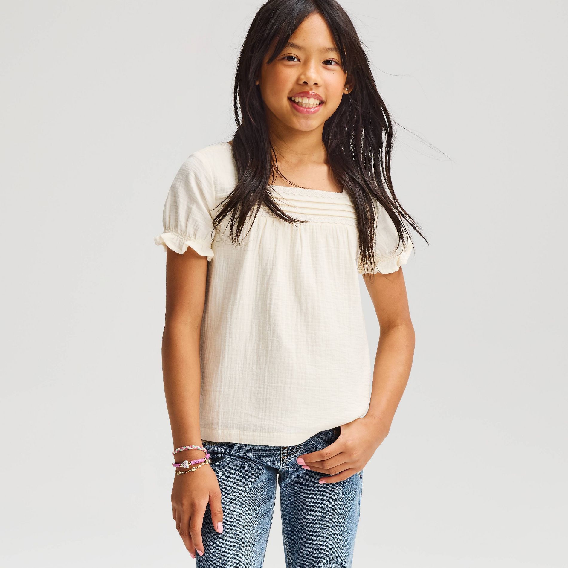 Girls' Short Sleeve Gauze Boho Blouse - Cat & Jack™ Off-White L
