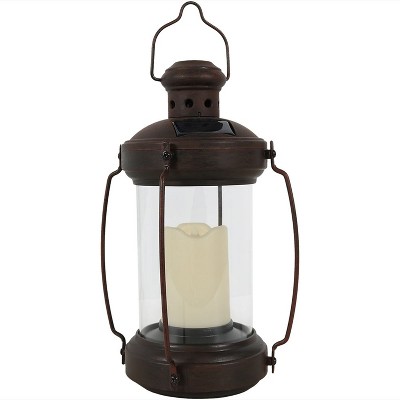 Sunnydaze Outdoor Antique Style Hanging Solar Lantern Light with LED Light and Candle - 12" - Bronze