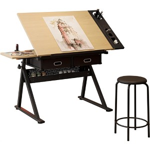 Height Adjustable Drafting Table, 0-75° Tilted Tabletop Art Table for Adults, Artist Desk with 2 Storage Drawers and Stool - 1 of 4