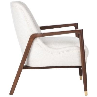 Scandinavian Cream Linen & Wood Transitional Accent Chair with Brass Tips
