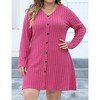 Women's Plus Size V-Neck Mini Dress A-Line Button Detail Ribbed Knit Stretch Long Sleeve Dresses - 3 of 4