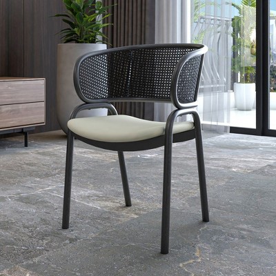 Modern Black Metal and Cane Arm Chair with Beige Upholstered Seat