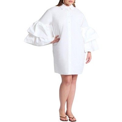 ELOQUII Women's Plus Size Poplin Ruffle Sleeve Dress