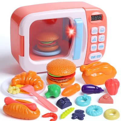 Skirfy Kids Microwave Kitchen Play Set with Light and Sound for Kids with Fake Food Pretend Play, Great Learning Gifts for Ages 3-5, Pink