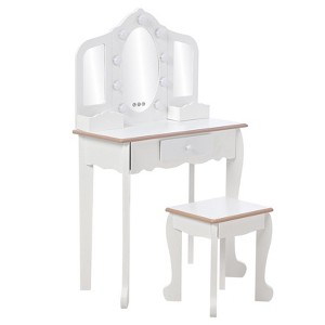 Kids Vanity Set with 3 Mirrors and Drawer, Makeup Play Table for Girls, Wooden Princess Makeup Desk Dressing Table, Toddler Vanity, White - 1 of 4
