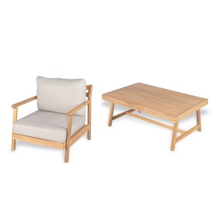 Christopher Knight Home Shane Rustic Outdoor Acacia Wood Upholstered Club Chair and Coffee Table Set, Teak/Beige - 1 of 4