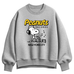 Women's Peanuts Snoopy Headphones Oversized Fleece Crew Sweatshirt