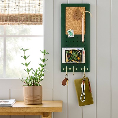 Small Green and Gold Metal Pegboard Wall Organizer with Cork Board