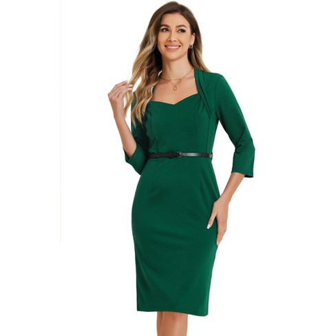 Allegra K Women s 3 4 Sleeve Belted Sweetheart Neck Work Sheath Dress Dark Green X small Target