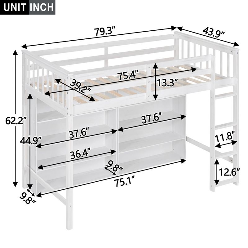Twin/Full Size Loft Bed with 8 Open Storage Shelves and Built-in Ladder - ModernLuxe, 3 of 11
