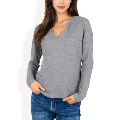 Anna-Kaci Women's Long Sleeve Waffle Knit Top with Notched Neckline and Chest Pocket