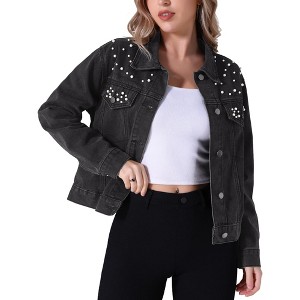 INSPIRE CHIC Women's Trendy Button Down Long Sleeve Pearl Denim Jacket - 1 of 4