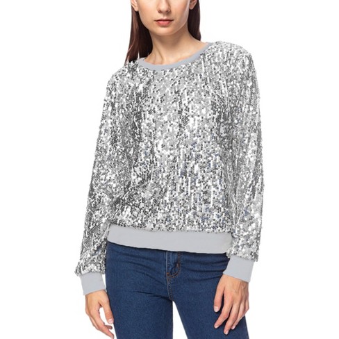 Anna-Kaci Women's Plus Size Sparkle Sequin Sweatshirt Mock Neck Pullover Long Sleeve Glitter Party Tops