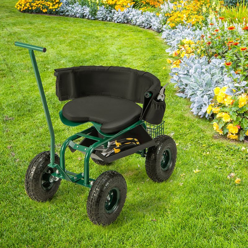 Costway Rolling Garden Cart Outdoor Gardening Workseat with Adjustable Height &Tool Storage, 2 of 11