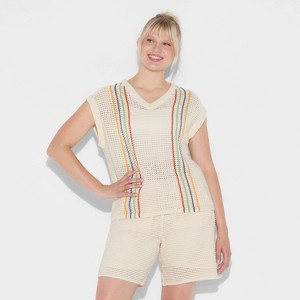 Pride Adult Boxy Oversized V-Neck Open Knit Stitch Pullover Sweater - Ivory Striped - 1 of 3