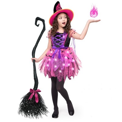 Joyfy Halloween Costume Light Up Witch Costume for Girls, Kids Witch Costume with Hat and Broom for Toddler Halloween Dress Party