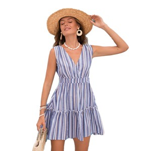 Women's Striped Tiered Sundress with Plunging Neckline - Cupshe - 1 of 4