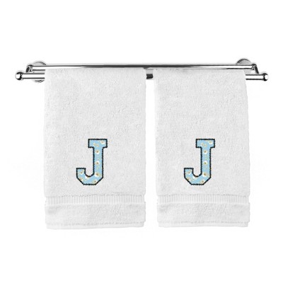 BC BARE COTTON Monogrammed Hand Towels, Personalized Gift, Set of 2 - Embroidered Writing with Light Blue