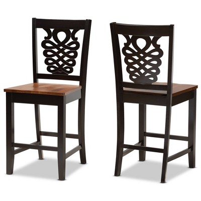 Baxton Studio 2pc Gervais Two-Toned Wood Counter Height Barstools Brown/Walnut: Upholstered Polyester, Oval Shape