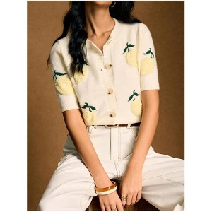 Women's Knit Top Short Sleeve Button Front Sweater - 1 of 4