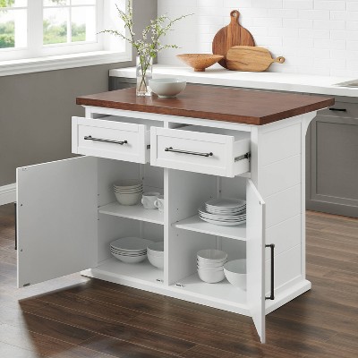 White and Walnut Wood Top Kitchen Island with Storage