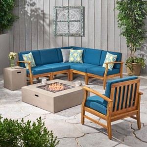 Christopher Knight Home Illona Outdoor Acacia Wood 6 Seater Sectional Sofa and Club Chair Set with Fire Pit - 1 of 4