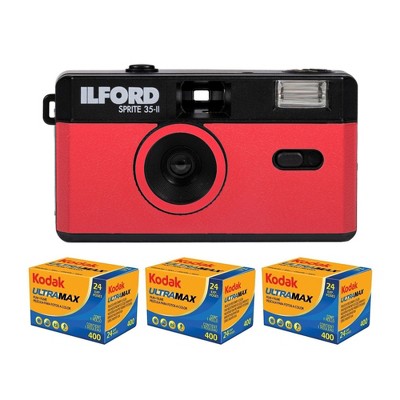 Ilford Sprite 35-II 35mm Film Camera Red & Black w/ 3-Pack Kodak 400 Film Bundle