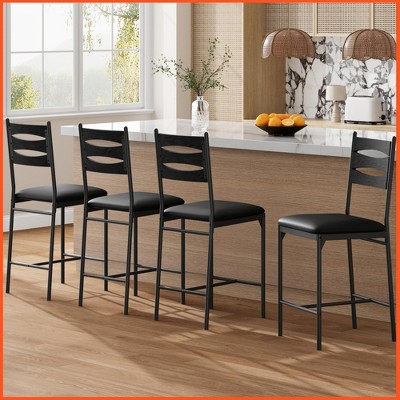 Bar Stools Set of 4, Upholstered Bar Chairs with Back, 44.4 Inches Kitchen Bar Stools with Footrest, Thick Cushion
