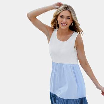Women's Blue & White Sleeveless Colorblock Midi Dress - Cupshe