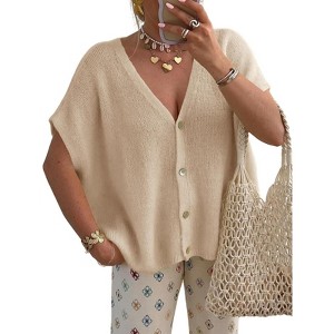 Clearlove Women Oversized Cropped Summer Sweater Short Sleeve V-Neck Button Down Cardigan Solid Color Trendy Lightweight Knitted Shirt - 1 of 4