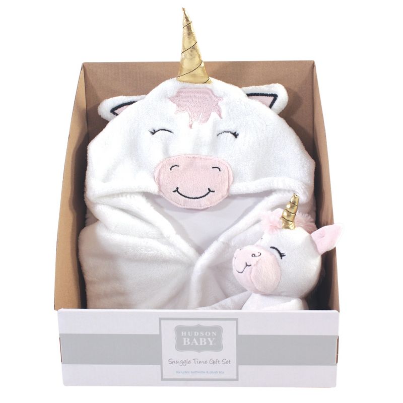 Hudson Baby Infant Girl Plush Bathrobe and Toy Set, Modern Unicorn, One Size, 3 of 4
