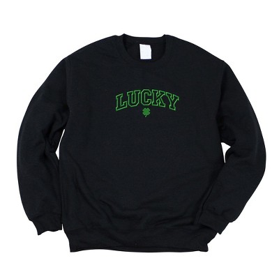 Simply Sage Market Women's Graphic Sweatshirt Embroidered Lucky Varsity Clover St. Patrick's Day- Green Ink